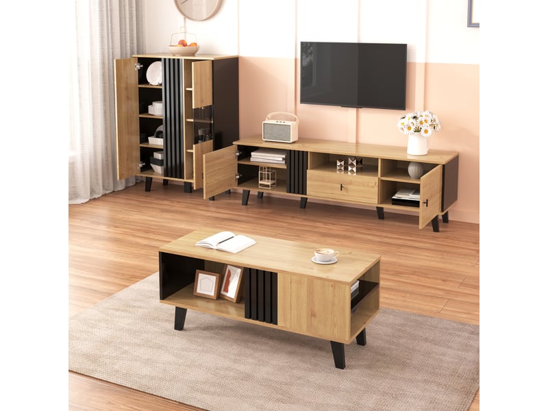 Buffet de rangement avec 3 portes, étagères intérieures, verre et led, pour salon, panneaux de particules, naturel - Conforama C