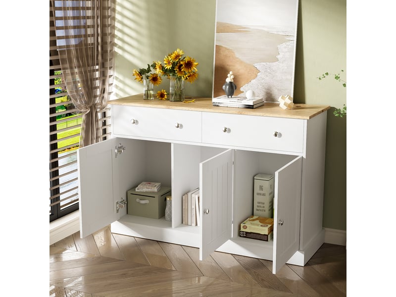  Buffet haut moderne gravé – finition texturée, rangements spacieux, séjour – 160 x 45 x 180 cm  - Conforama E