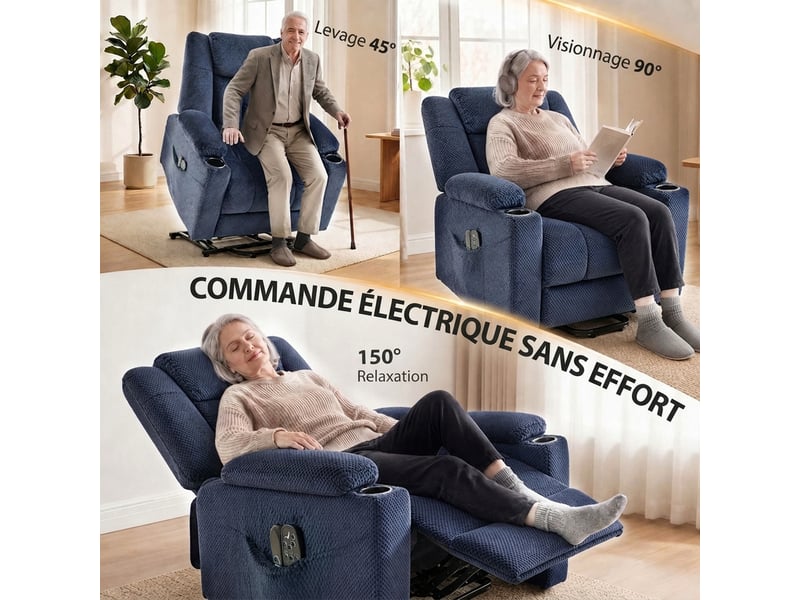  Fauteuil releveur électrique massage vibration et chaleur, dossier inclinable bleu, fauteuil relax électrique en velours  - Conforama E