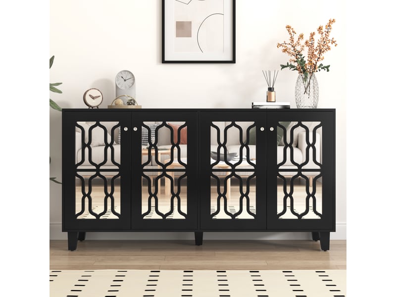  Buffet noir miroir 4 portes muvano en mdf, pieds en bois massif, 160 × 40 × 84 cm  - Conforama B
