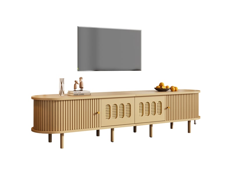  Meuble tv 180 cm en mdf bois clair, 2 portes et 2 portes à rideau, jusqu'à environ 75 pouces pour un salon rangé  - Conforama A