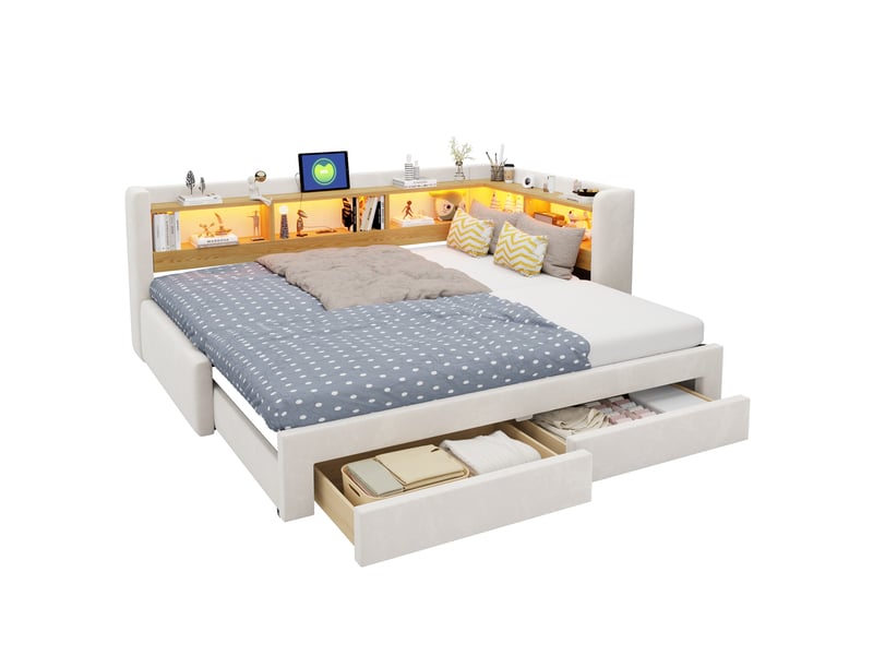 Lit gigogne enfant 90x200 cm avec lit tiroir extensible 180x200 cm, rangement, led et prise, lit banquette multifonction en velours - beige - Conforama A