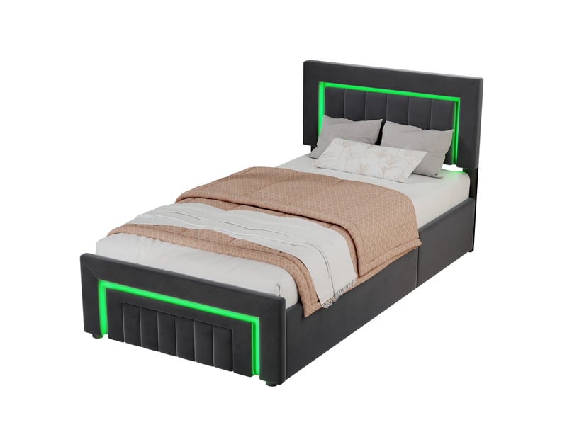 Lit enfant 90x190, lit rembourré avec éclairage led, lit simple avec tiroirs, cadre de lit avec grand espace de rangement, gris foncé (sans matelas)  - Conforama R
