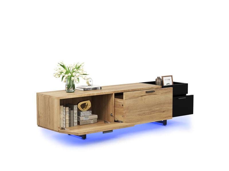 Meuble tv bois et noir 180 cm avec éclairage led, banc de télévision moderne à tiroirs et niches, bois d'ingénierie et métal, 180x38x49 cm - Conforama A