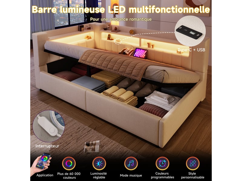 Lit coffre hydraulique 90x200 cm avec led et usb-c, tissu lin beige, structure mdf, sans matelas - Conforama D