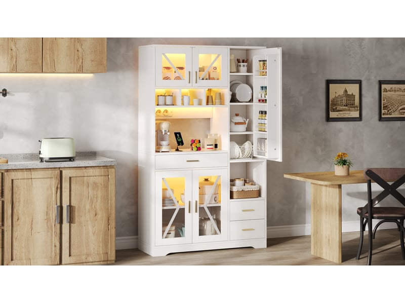 Meuble haut style grange 105 cm - étagères réglables, led changeante, prises - 185x105x40 cm - Conforama B