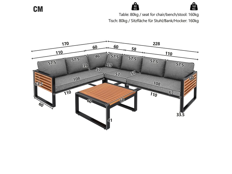 Canapé salon modulable extérieur 5 places métal polyester gris avec table basse homvra  - Conforama E