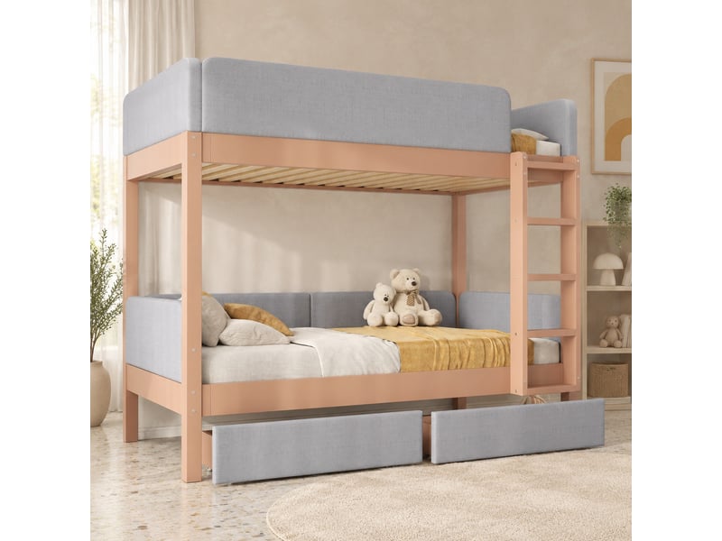  Lit superposé enfant 90x200 cm avec échelle, 2 tiroirs et garde-corps, gris  - Conforama B