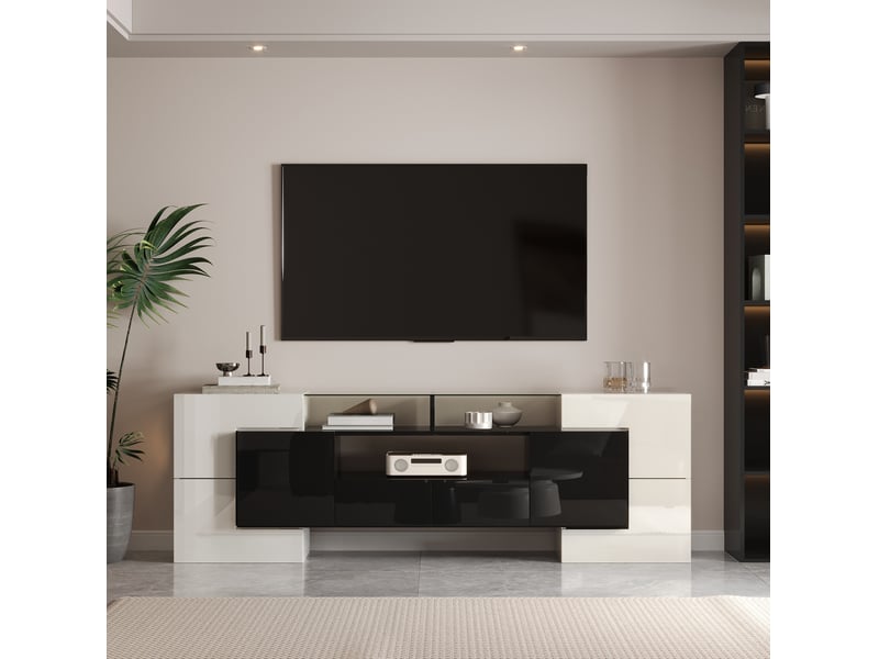  Meuble tv 200x35x60 cm, design moderne, éclairage led multicolore, structure panneau de particules, blanc et noir  - Conforama B