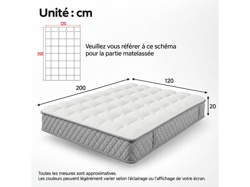  Matelas 120 x 200 cm, ressorts ensachés + mousse, 7 zones, soutien ferme h3, épaisseur 20 cm, certifié oeko-tex, blanc  - Conforama C