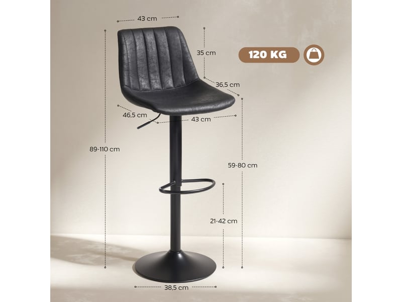  Tabourets de bar lot de 2 réglables en hauteur avec repose-pieds - lpospi - dossier haut, métal, microfibre - noir  - Conforama D