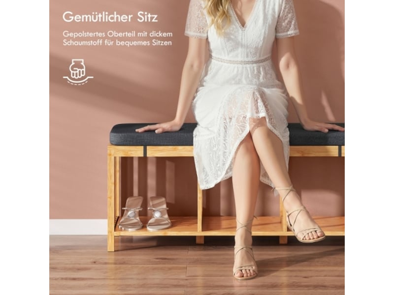  Banc à chaussures en bambou aspect bois naturel, assise rembourrée et rangement ouvert  - Conforama D