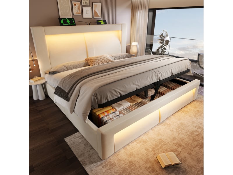  Lit double 140 x 200 cm beige en velours avec rangement hydraulique, led, ports usbtype-c et matelas  - Conforama C