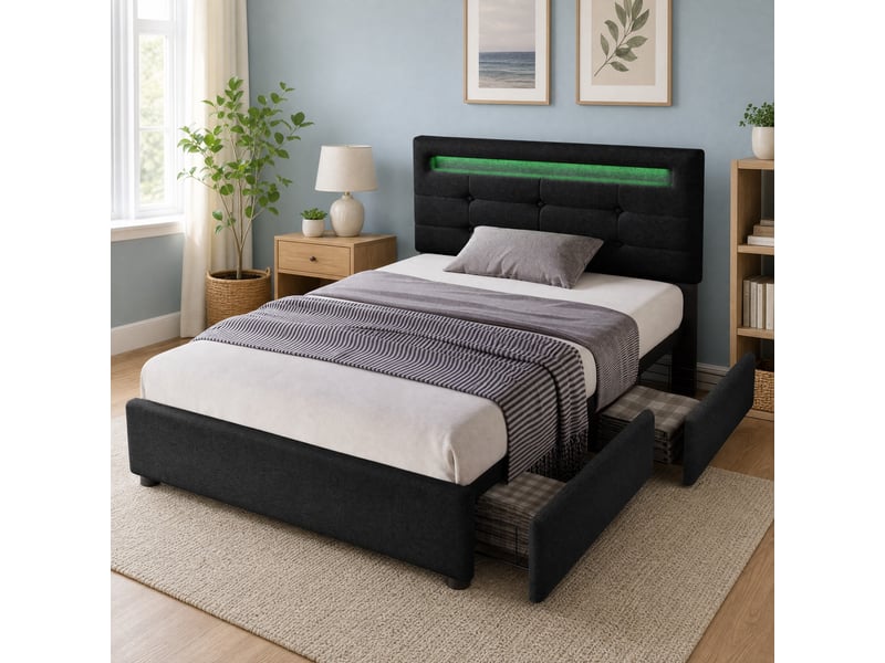  Lit simple 90x200 cm avec led et 2 tiroirs, tête de lit réglable, noir  - Conforama C