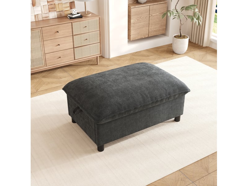  Pouf avec rangement 98 x 65 x 48 cm, repose-pieds en chenille gris, pieds de 8 cm  - Conforama D