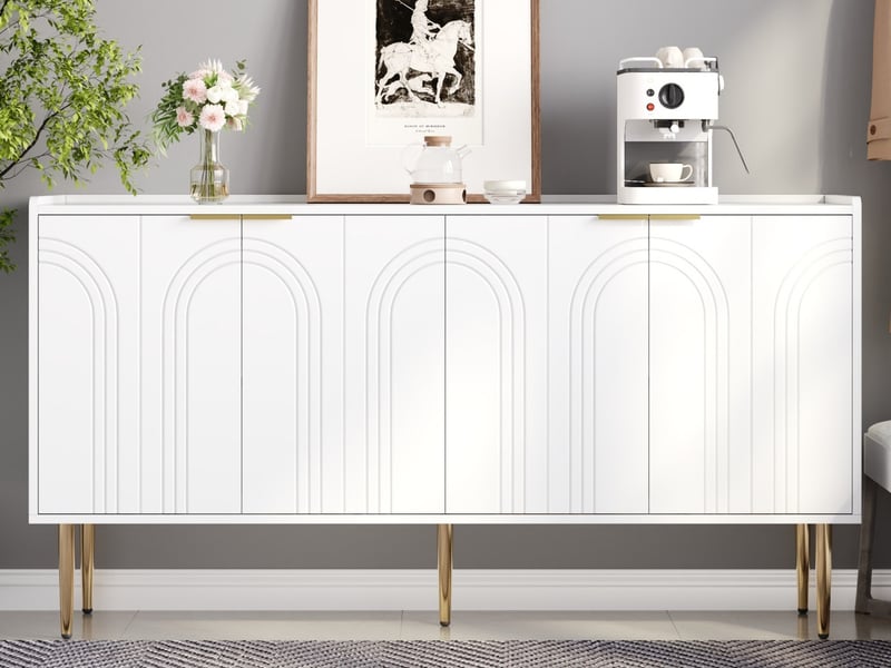  Buffet moderne minimaliste, 4 portes, pieds métalliques, meuble de rangement pour chambre et couloir, buffet de salon, blanc  - Conforama B