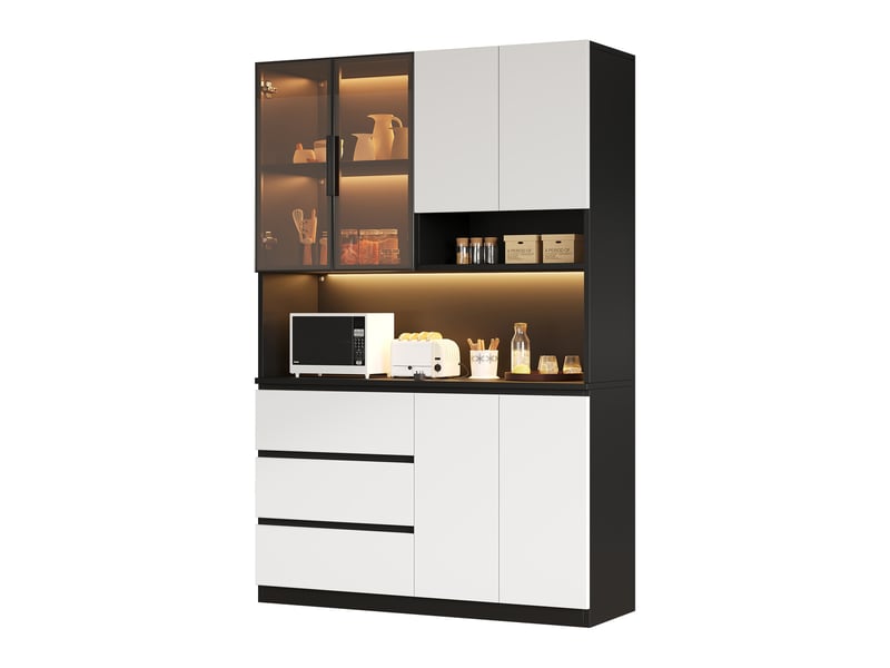  Buffet de cuisine haut, avec 6 portes, 3 tiroirs, étagères ouvertes et led réglable, blanc et noir, 120.5×40×180 cm  - Conforama A