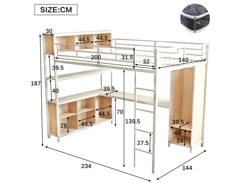  Lit mezzanine enfant 140x200 cm avec bureau, rangement 2 niveauxet armoire, échelle, métal et bois, blanc sans matelas  - Conforama C