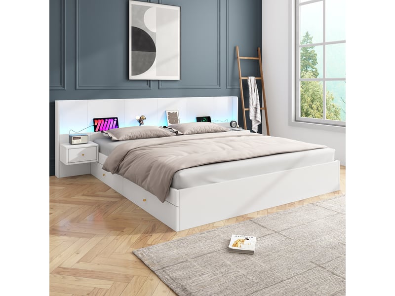  Lit 180 x 200 cm, 2 chevets, 2 tiroirs, led avec application, usb et prises, blanc, sommier inclus Sol Morn - Conforama D