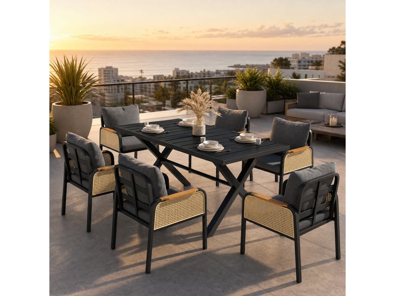 Ensemble table et chaise de jardin avec 1 table et 6 chaises - coussins inclus - fer, polyester et pe - noir et naturel - Conforama B