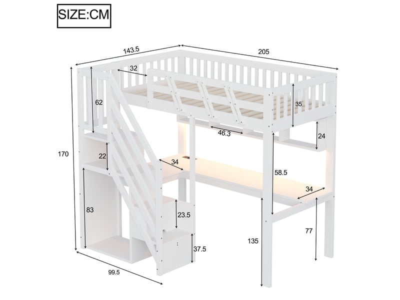 Lit mezzanine enfant 90×200 cm avec escalier de rangement, bureau et led, bois, blanc, sans matelas - Conforama C