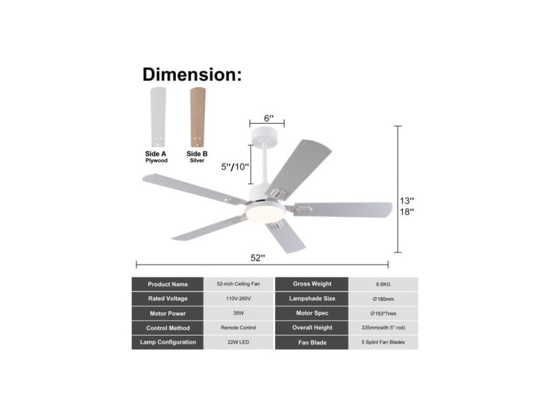  Ventilateur de plafond 132 cm, avec lumière led, télécommande, réversible, 6 vitesses, blanc et bois clair  - Conforama B