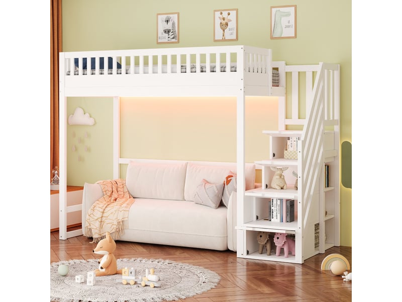 Lit mezzanine 90 x 200 cm - avec échelle de sécurité - avec barrières de sécurité - avec éclairage led - blanc (matelas non inclus)  - Conforama R