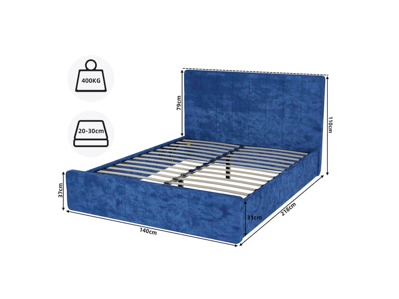  Lit double 140x200 cm en velours bleu, tête de lit capitonnée, style moderne pour chambre  - Conforama C