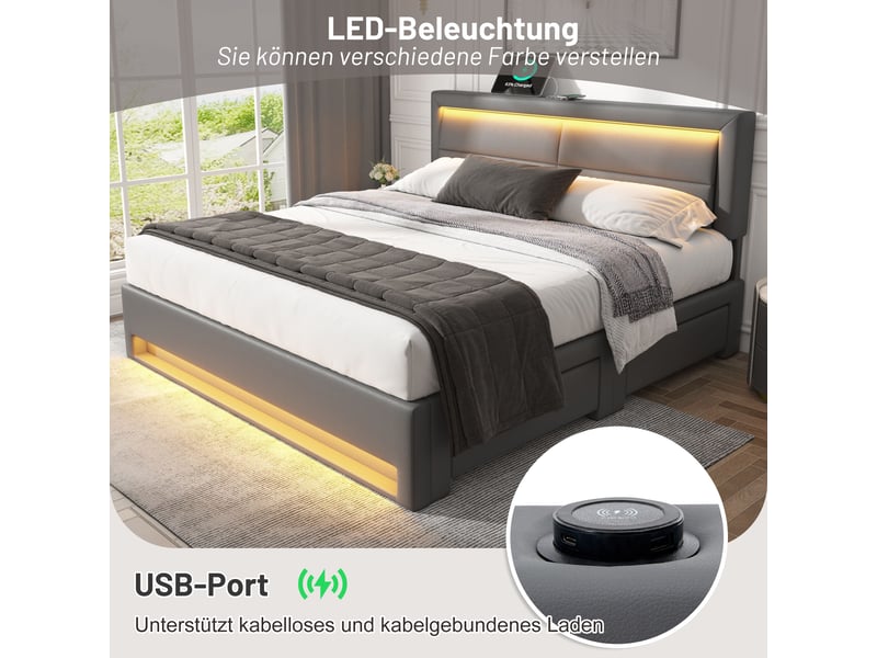  Lit rembourré 140x200 cm avec 4 tiroirs, led, recharge sans fil et 2 usb, sommier à lattes, revêtement pu effet litchi gris Radiant Stride - Conforama E