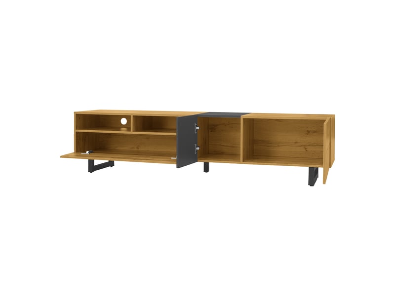  Meuble tv 170 cm avec 3 portes et 2 niches ouvertes, pieds en métal, décor bois et gris foncé  - Conforama R