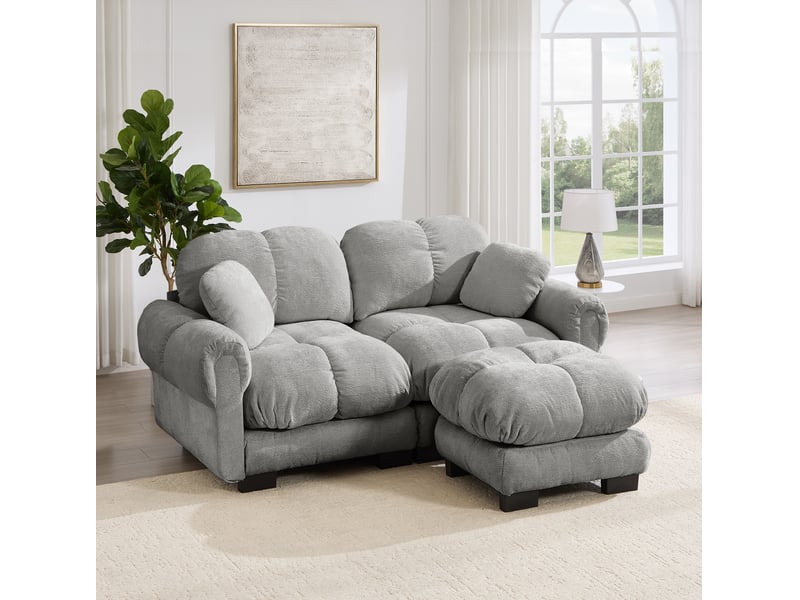 Canapé d'angle modulable 2 places modenvie en chenille gris clair avec ottomane mobile 190 x 149 x 90 cm - Conforama E