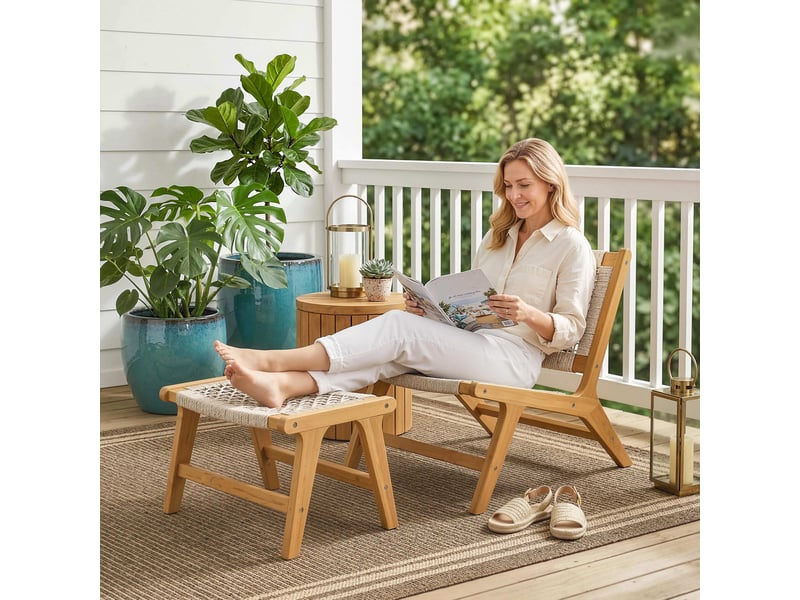  Fauteuil jardin avec repose-pieds, ensemble 2 pièces, bois acacia certifié fsc, assise rotin, style bohème, pieds réglables.  - Conforama C