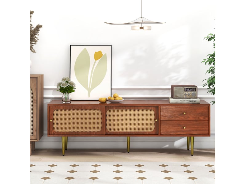 Meuble tv 160 x 40 x 60 cm, mdf noyer, 2 tiroirs et portes en rotin synthétique  - Conforama E