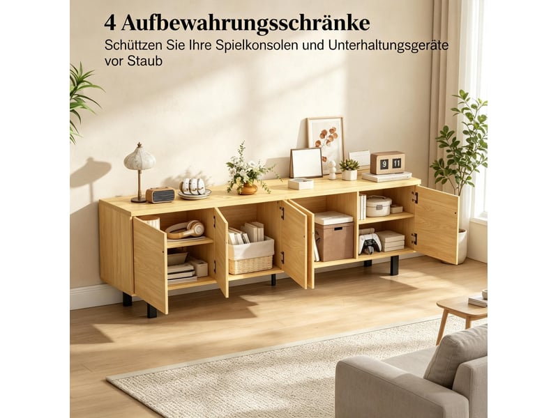  Meuble tv 180 cm effet bois clair, 4 portes à ouverture pression, pour écran jusqu'à 82 pouces, style design  - Conforama E