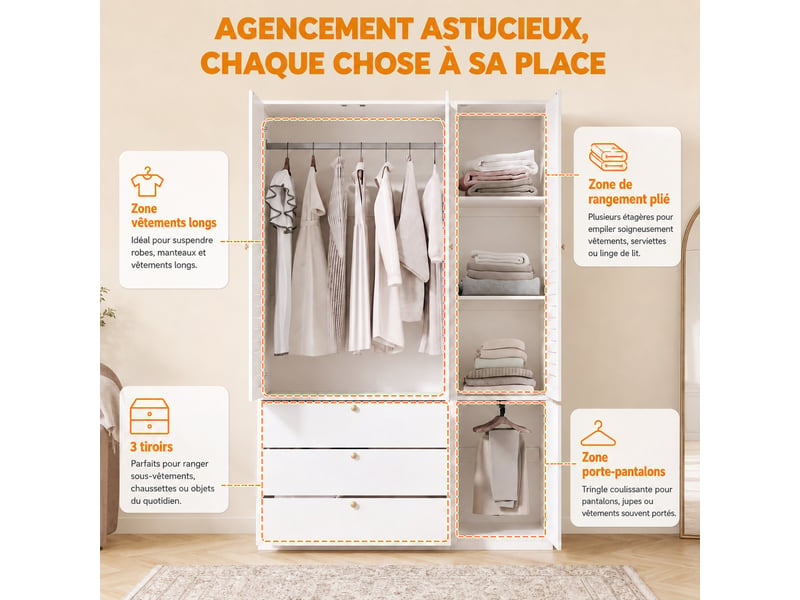 Armoire de chambre 135 x 50 x 200 cm, avec 3 portes à persiennes, 3 tiroirs et 2 tringles, armoire haute, blanc - Conforama D