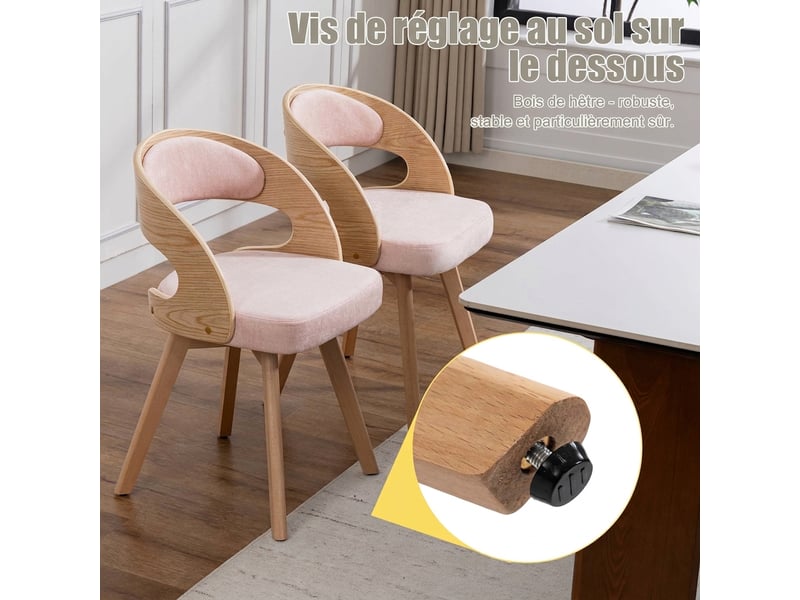  Lot de 2 chaises de salle à manger en lin rose, chaises de cuisine modernes avec assise pivotante et pieds en bois massif  - Conforama D