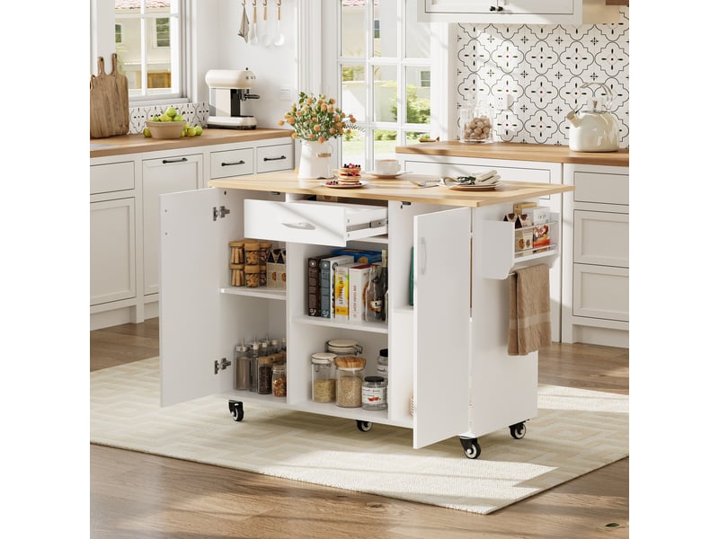  Îlot de cuisine sur roulettes 120cm, desserte avec plateau rabattable, tiroir et placard, blanc et chêne  - Conforama C
