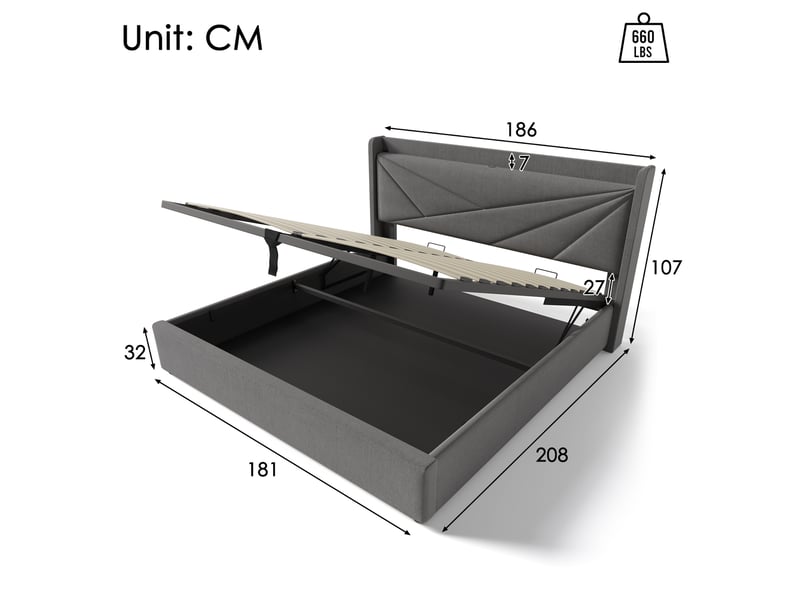 Modenvie lit coffre 180x200 cm - tête de lit géométrique, ports usb et usb-c, sans matelas - gris  - Conforama C