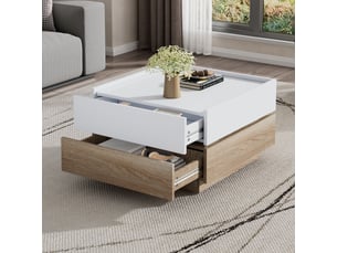 Table basse carrée 60x60x38 cm, pivotante à 360°, 2 tiroirs, meuble de salon, aggloméré, blanc et noyer