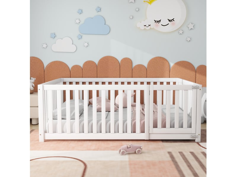  Lit enfant au sol 140x200 cm avec barrière et porte bois mdf blanc sans matelas  - Conforama C