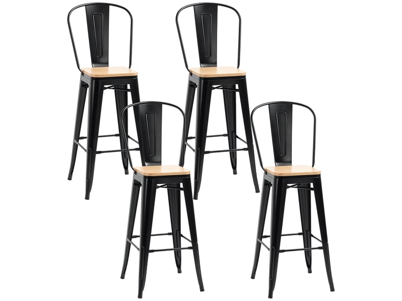  Lot de 4 tabourets de bar industriel avec dossier repose-pied hauteur assise 76 cm métal noir panneaux multicouches imitation bois clair  - Conforama A