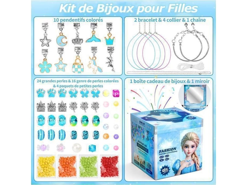  Kit bijoux princesse diy sans colle avec miroir 100 perles et 10 breloques licorne sirène arc en ciel 369645_AABEC73043_6_DROPFR - Conforama B