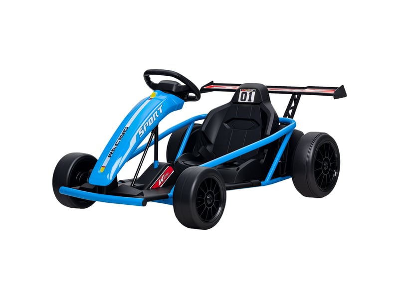  Kart électrique 24 v pour la conduite et le drift, pneus en nylon, ceinture de sécurité, klaxon, musique pour les 8-12 ans, bleu  - Conforama B
