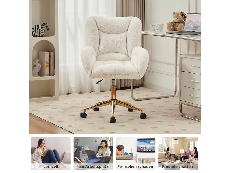  Chaise de bureau blanche en tissu teddy, base métal dorée réglable et roulettes 360° pour le télétravail  - Conforama D