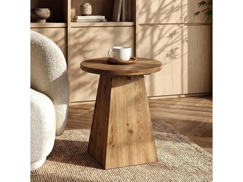 Table d'appoint ronde en bois massif avec piètement trapézoïdal, table de canapé compacte - Conforama B