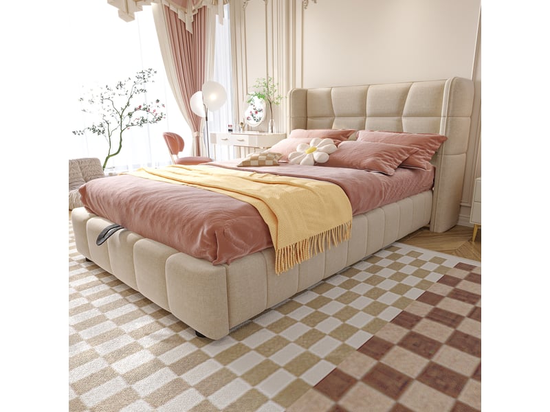  Lit rembourré, lit enfant 90x200 cm, rangement hydraulique, sommier à lattes, lin beige  - Conforama C