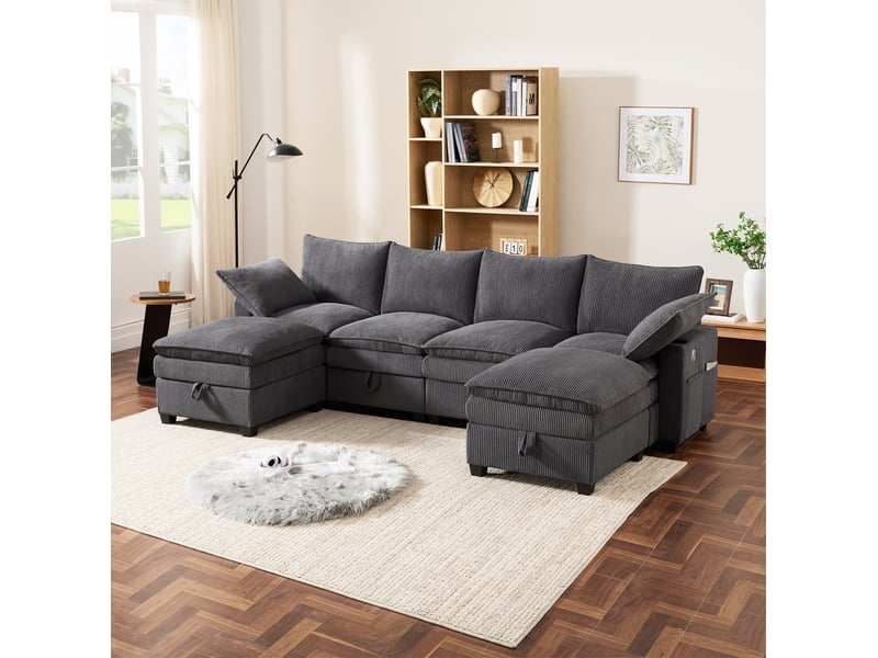 Canapé d'angle modulaire avec rangements, usb et porte-gobelets, en velours côtelé gris, 280 × 152 × 83 cm - Conforama D