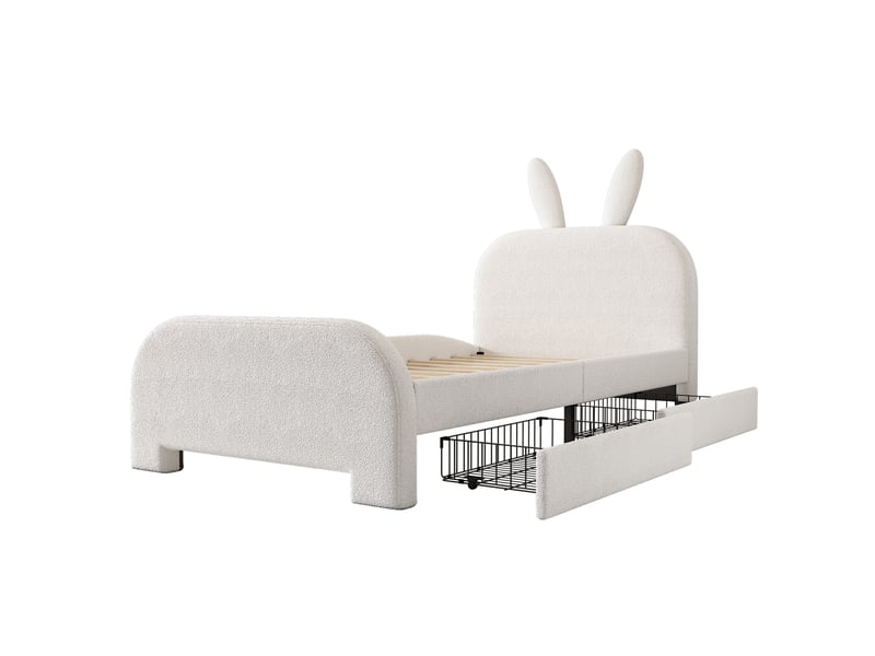  Lit enfant rembourré bouclette blanc 90x200 cm, tête de lit lapin, 2 tiroirs de rangement  - Conforama E