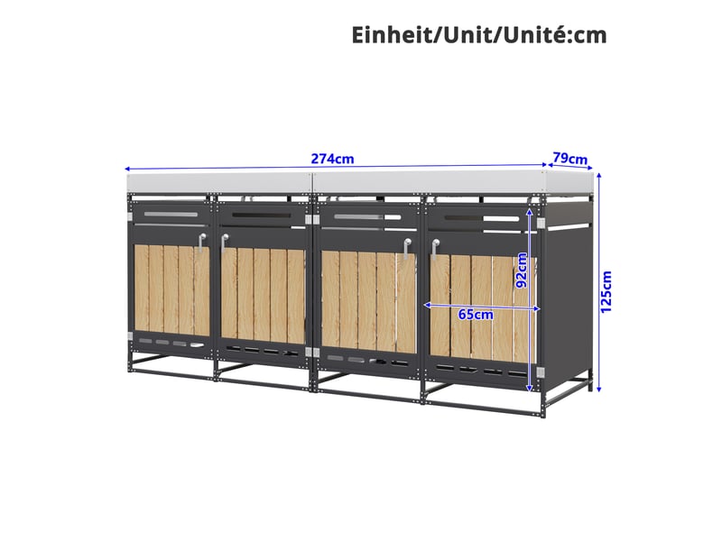 Cache-poubelles 4 compartiments avec bac à plantes, panneaux bois vertical, métal noir - Conforama C