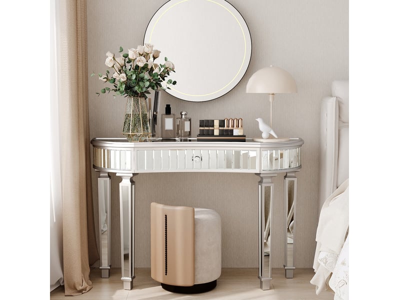 Console demi-lune miroir 120x38x78 cm gris et argenté avec tiroir - Conforama D
